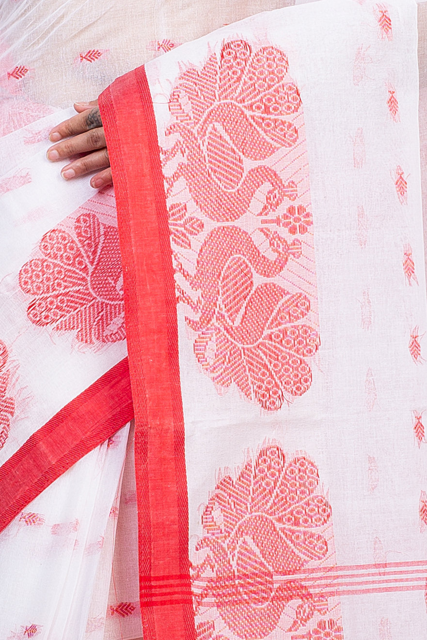 White Pure Cotton MOYUR PAR Tant Saree (903)